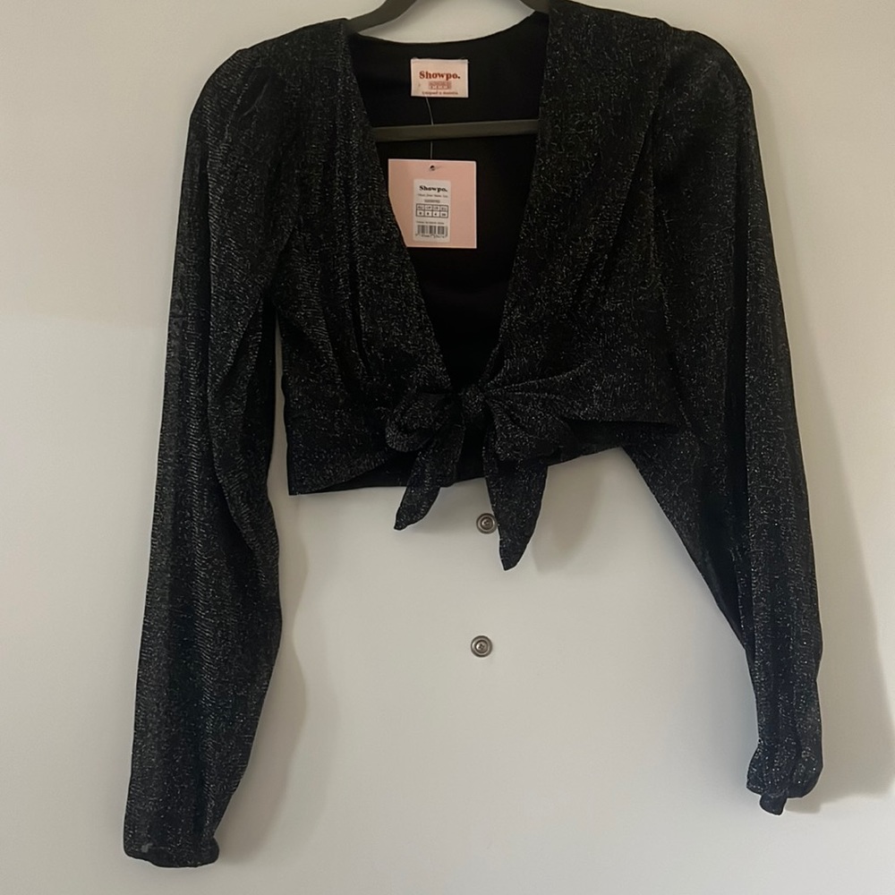Showpo sparkly black long sleeve tie crop top with sheer arms new with tags